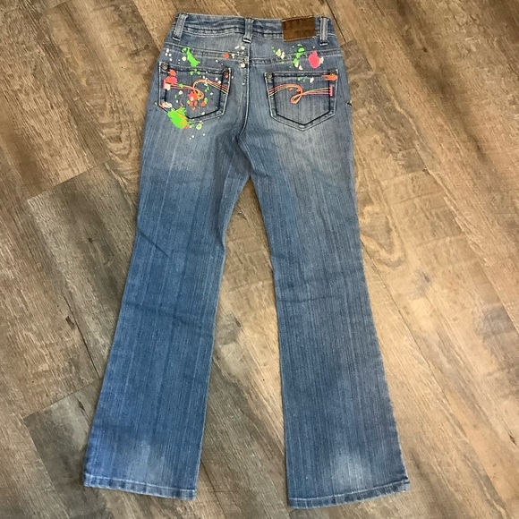 Limited Too 8 Slim Girls Denim Jeans Neon Paint Splash Splattered Embroidered - Picture 3 of 6